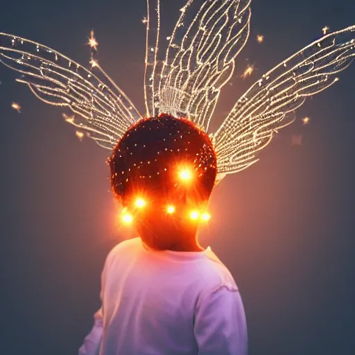 Image similar to Crown made of Bokeh on a head made of light on an angel with wings of fire standing on lava. Photo.