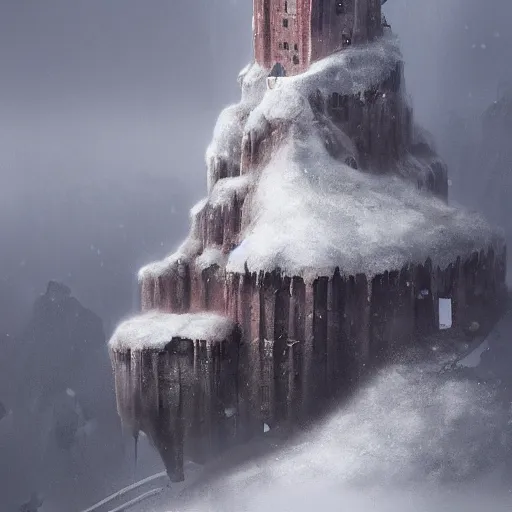 Image similar to an architectural concept of a fantasy tower in the top of a mountain, during winter with snow, trending on artstation, byeytan zana, environmental concept art & design, digital 2 d