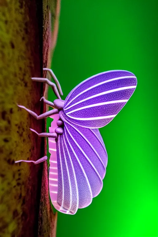 Prompt: high quality close-up photo pearlescent translucent moth! jeweled gorgeous! highly detailed david ligare elson peter cinematic purple neon lighting high quality low angle hd 8k sharp shallow depth of field