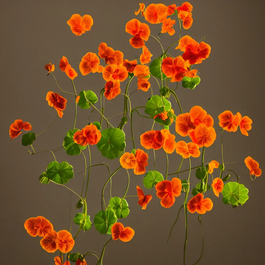 Prompt: a 5 5 mm photo portrait of a nasturtium plant still life, cinematic lighting, sharp focus, photography of the year
