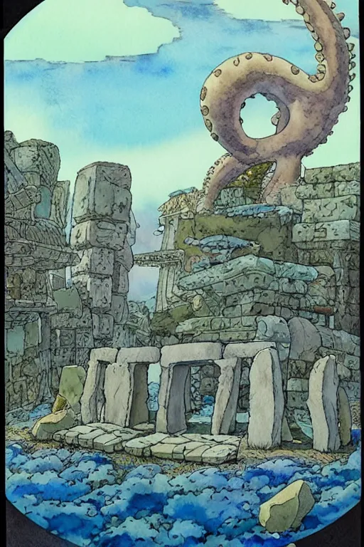 Image similar to a hyperrealist studio ghibli watercolor fantasy concept art. in the foreground is a giant grey octopus building and putting stones in to place on top of stonehenge with a starry sky. by rebecca guay, michael kaluta, charles vess