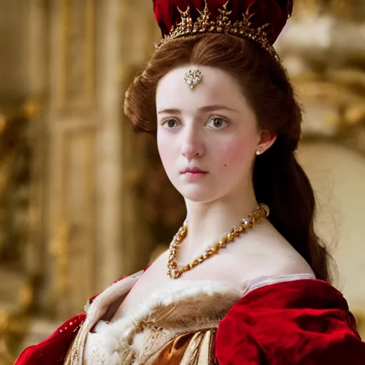 Prompt: young attractive beautiful duchess in versailles, wow 4 k detail fantasy, matte painting, realistic materials, photo realistic, postprocessing, cinematic, hyperrealistic, studio lighting, ekaterina, the tudors, photography by richard jenkins