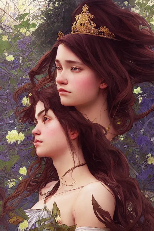 Prompt: the reign of a new princess in the shadow of a thousand suns, detailed digital portrait by artgerm and greg rutkowski and alphonse mucha