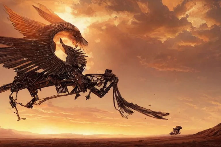 Image similar to a mechanical pegasus flapping its wings in desert sunset, beautiful steampunk painting, greg rutkowski, james gurney, thrending on artstation.