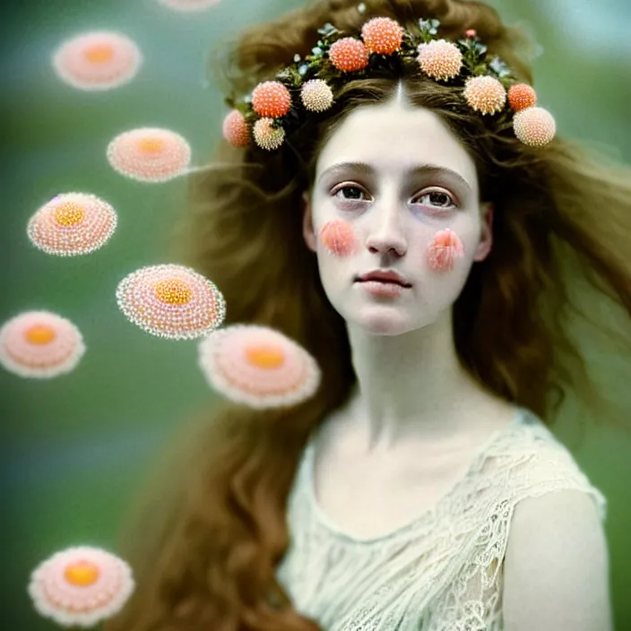 Prompt: Kodak Portra 400, 8K, soft light, volumetric lighting, highly detailed, britt marling style 3/4 ,portrait photo of a beautiful woman how pre-Raphaelites painter, a beautiful lace dress and detailed flowers adorning her hair, and ethereal coral and shells dress ,white pearls on her beautiful face, Realistic, Refined, Highly Detailed, natural outdoor soft pastel lighting colors scheme, outdoor fine art photography, Hyper realistic, photo realistic