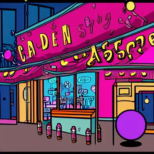 Prompt: a candy store scene, digital art, bubblegum noir aesthetic