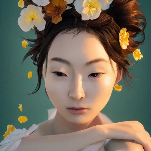 Image similar to the portrait of an absurdly beautiful, graceful, elegant young japanese woman made of bananas and petals looking up, an ultrafine detailed illustration by kim jung gi, irakli nadar, intricate linework, bright colors, octopath traveler, final fantasy, angular, unreal engine 5 highly rendered, global illumination, radiant light, detailed and intricate environment