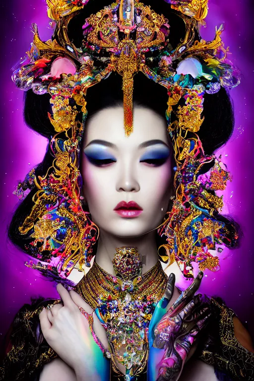 Image similar to a singular beautiful empress dramatic portrait, black hair, with a brilliant, impossible striking shiny big multi colored crystal headpiece, symmetrical, reflective surface, rainbow crystal clothes, rococo, baroque, jewels, asian, realistic, dramatic studio lighting, closeup, D&D, fantasy, intricate, elegant, highly detailed, digital painting, artstation, octane render, 8k, concept art, matte, sharp focus, illustration, art by Artgerm and Greg Rutkowski and Alphonse Mucha