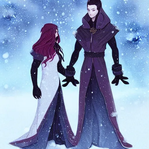 Prompt: a couple of people that are standing in the snow, concept art by Fabien Charuau, trending on pixiv, fantasy art, official art, wiccan, concept art