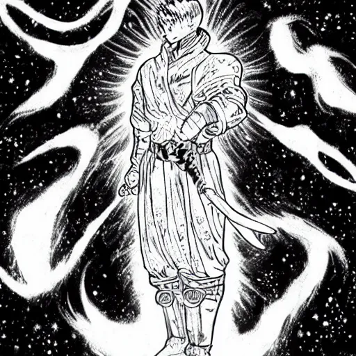 Prompt: black and white pen and ink!!!!!!! MAPPA designed Ryan Gosling x Guts wearing cosmic space robes made of stars final form flowing royal hair golden!!!! Vagabond!!!!!!!! floating magic swordsman!!!! glides through a beautiful!!!!!!! Camellia!!!! Tsubaki!!! death-flower!!!! battlefield dramatic esoteric!!!!!! Long hair flowing dancing illustrated in high detail!!!!!!!! by Moebius and Hiroya Oku!!!!!!!!! graphic novel published on 2049 award winning!!!! full body portrait!!!!! action exposition manga panel black and white Shonen Jump issue by David Lynch eraserhead and beautiful line art Hirohiko Araki!! Rossetti, Millais, Mucha, Jojo's Bizzare Adventure!!