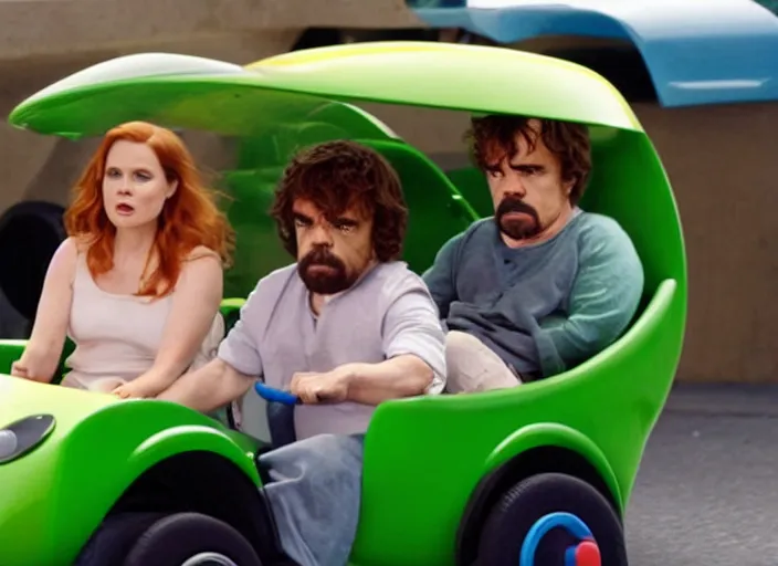 Prompt: peter dinklage and amy adams driving a little tikes cozy coupe, movie still, from the new fast and furious tokyo drift movie, 8 k, realistic