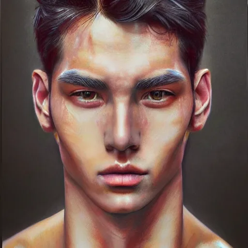Image similar to Intricate five star Handsome model facial portrait by Monica Lee, Colored pencil on paper, high detail, skin texture, photo realistic, hyperrealism,matte finish, high contrast, 3d depth, masterpiece, vivid colors, artstationhd