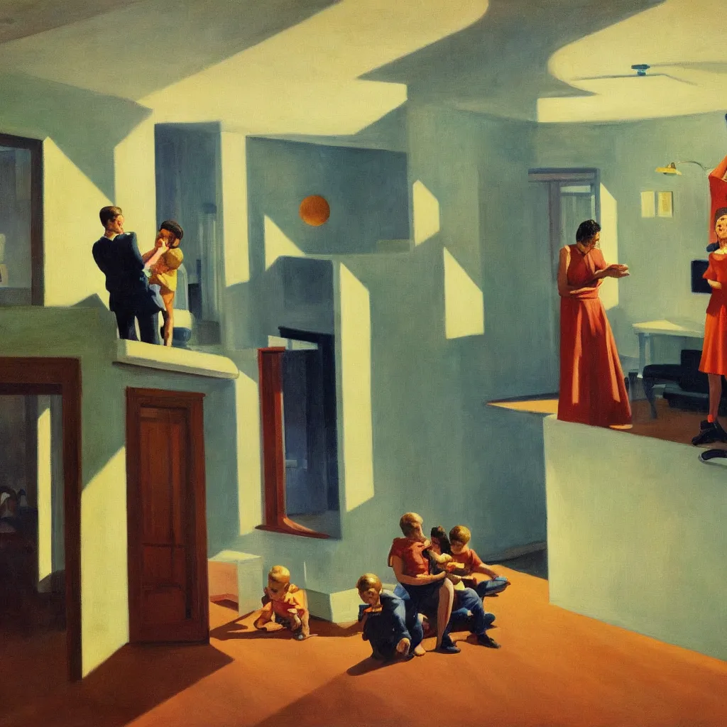 Image similar to painting of a family building getting lectured by a very large alien in their suburban living room, energetic orbs in the air, in the style of edward hopper