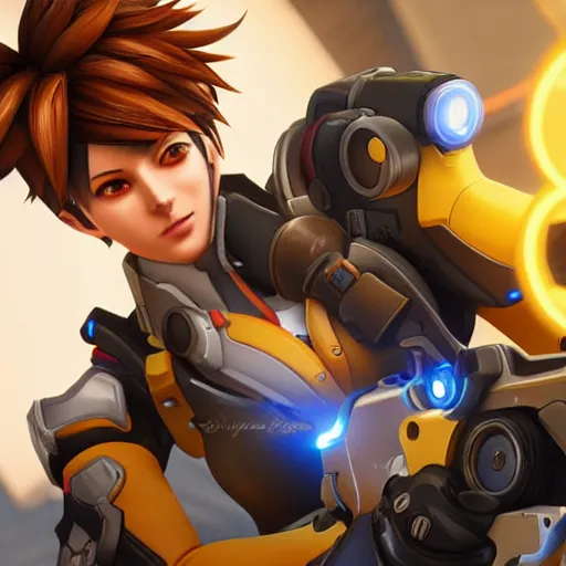 Image similar to beautiful digital artwork of tracer from the game overwatch