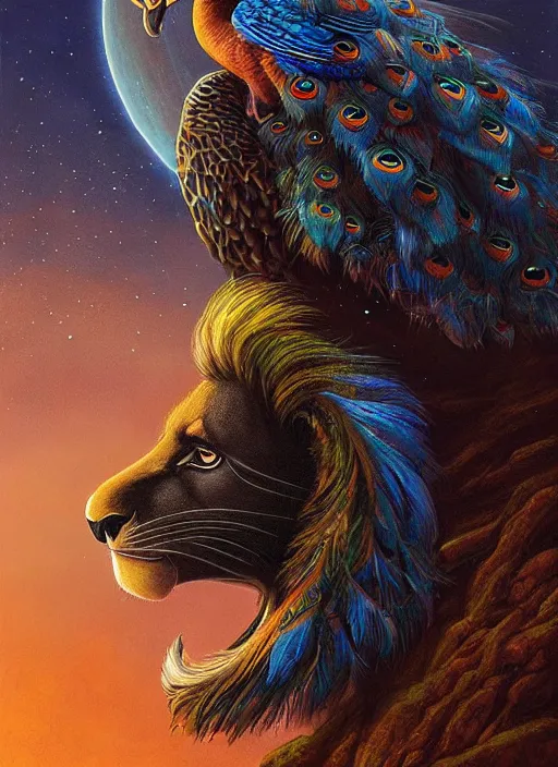 Prompt: black lion king with peacock wings, night sky, by aaron blaise, by james gurney, by michael whelan, epic, fantasy illustration, intricate, hyper detailed, concept art, smooth, sharp focus, vibrant, photo realistic, digital painting