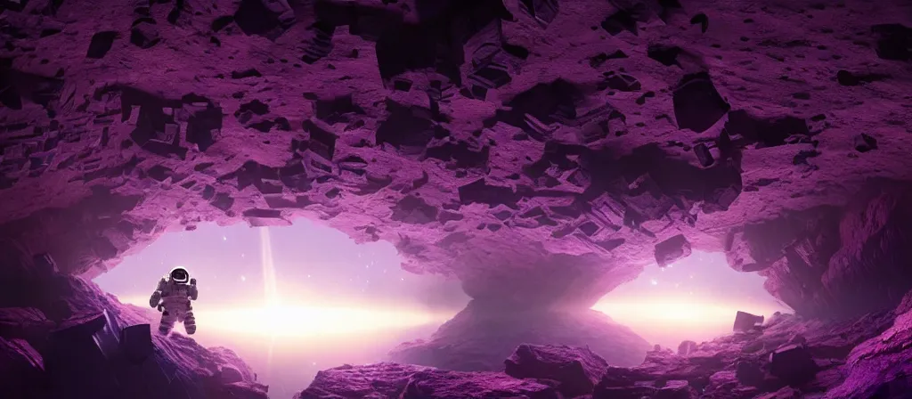 Prompt: astronaut on purple [ [ [ crystal ] ] ] caves, amethyst, beautiful dynamic lighting, cinematic, wide angle establishing shot, extremely high detail, photo realistic, cinematic lighting, matte painting, interstellar, greg rutkowski, roger deakins