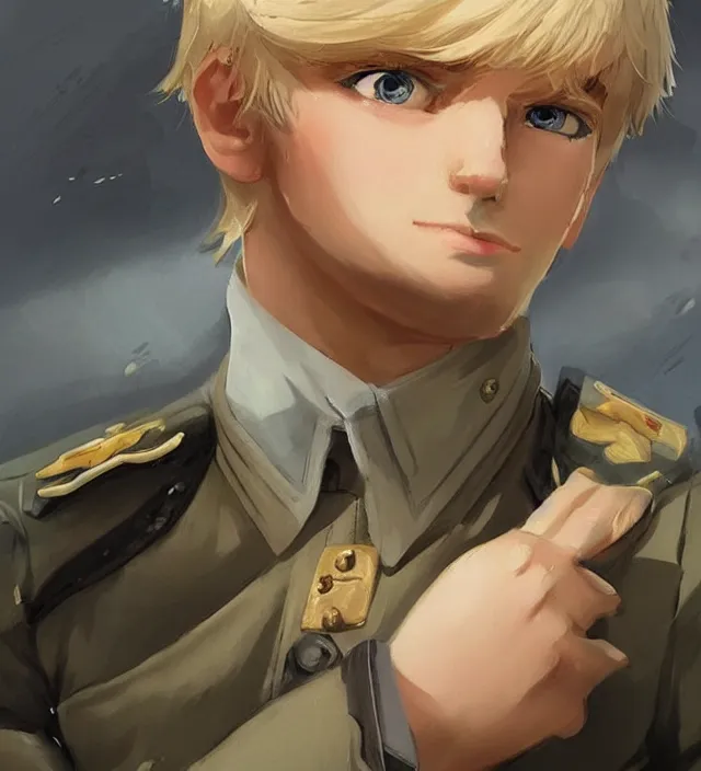 Image similar to character concept art of a cute young german boy with blond hair and bluish eyes, wearing a military uniform. lovely - fine - face, key visual, realistic shaded perfect face, fine details by rossdraws, james jean, andrei riabovitchev, marc simonetti, sakimichan, trending on artstation