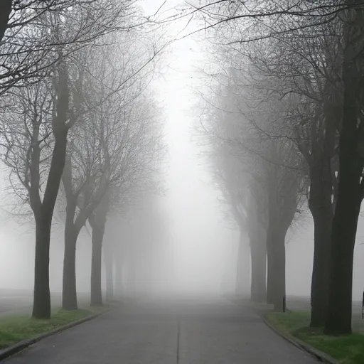 Prompt: british street in the fog, houses, 2006