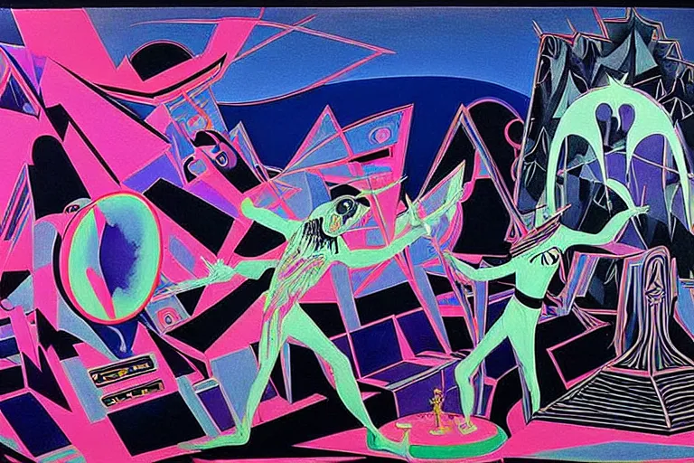 Image similar to a beautiful masterpiece painting of the technomancer wizard in dazzle camouflage robes with pointed hoods and his ai djinn performing psychic television on a crt tv by remedios varo and anato finnstark and greg rutkowski and andy warhol and francis picabia, dayglo pink, dayglo blue, dazzle camouflage, glowing, pearlescent white, raven black