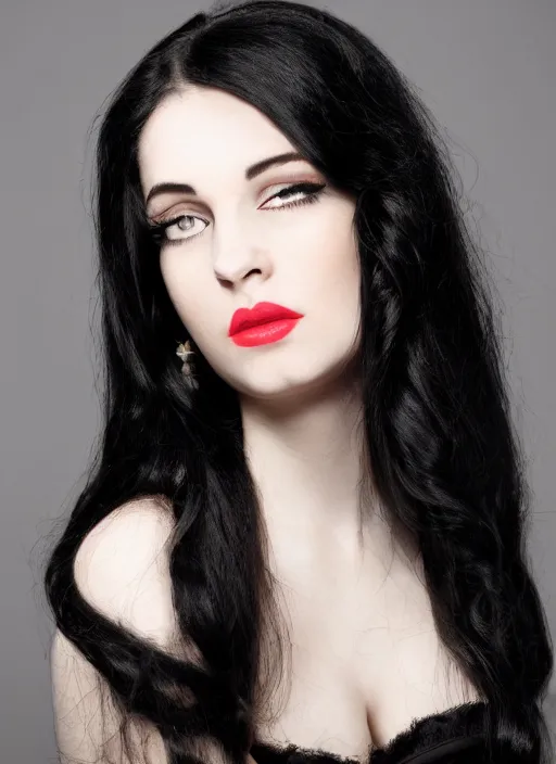 Image similar to a portrait of the most beautiful woman in the world with long black hair that extends past her waist with locks of hair that frame her face down to her chin and shows off her high forehead, dark brown eyes with long, voluminous eyelashes and pale skin, narrow waist and very large chest, wear a revealing red V-neck blouse that showed much of her chest and a loose sarong that exposed her long, slender legs with the green symbol of the Kuja adorned on it, along with a white cape sporting epaulettes more commonly found on the jackets of high-ranking Marines, and red high heel pumps, pink hearts in the background , romantic themed, beautiful face, intricate, highly detailed, digital painting, artstation, concept art, smooth, sharp focus, illustration, art by Artgerma