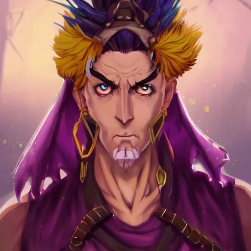 Image similar to A professional digital portrait painting of a D&D druid, painted in the style of JoJo's Bizarre Adventure, 4k, digital art, trending on cgsociety, highly detailed, upper body shot, shallow depth of field, purple and yellow lighting, professional lighting, airbrush,