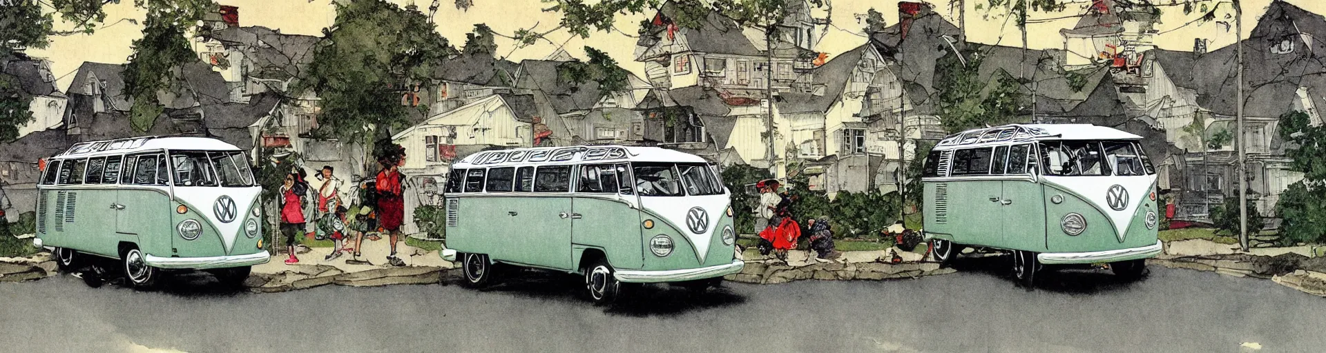 Image similar to vw bus on a street, illustration by norman rockwell