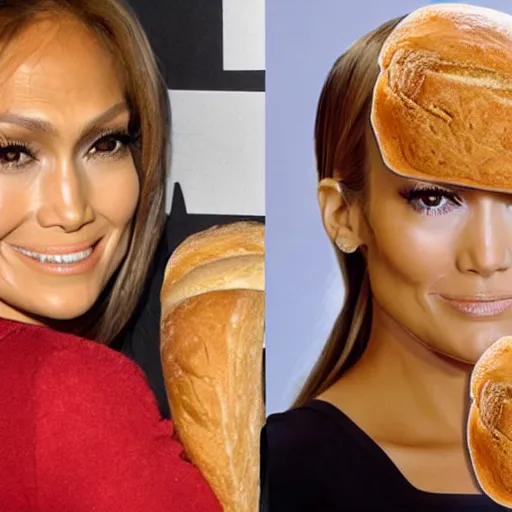 Prompt: a loaf of bread with jennifer lopez face on