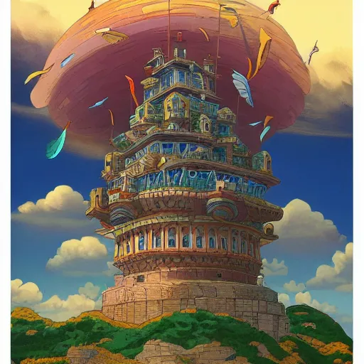 Image similar to intricate illustration, of flying castle, ghibli colorful, cinematic composition