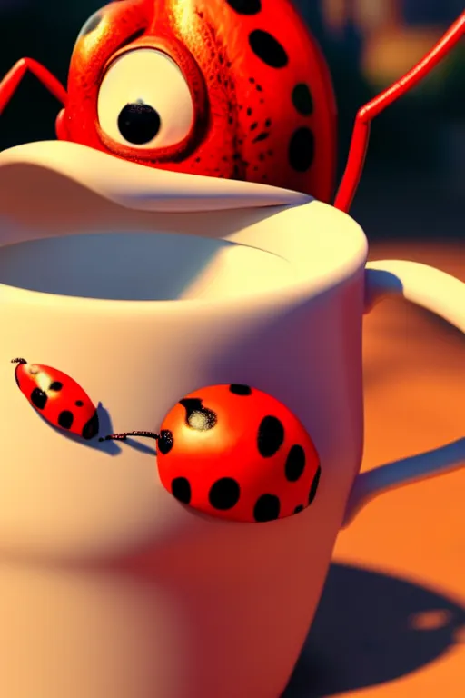 Image similar to a red ladybug with big eyes on side of a cup of coffee and a suggar pot at picnic. pixar disney 4 k 3 d render movie oscar winning trending on artstation and behance. ratatouille style.