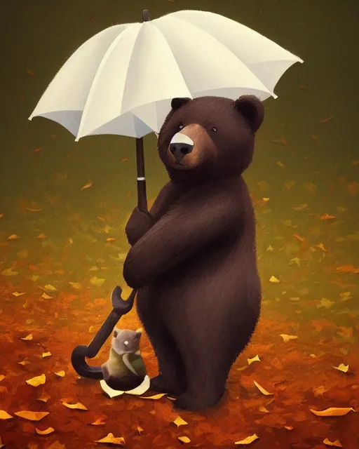 Prompt: autumn a bear with an umbrella by samuel smith trending on artstation