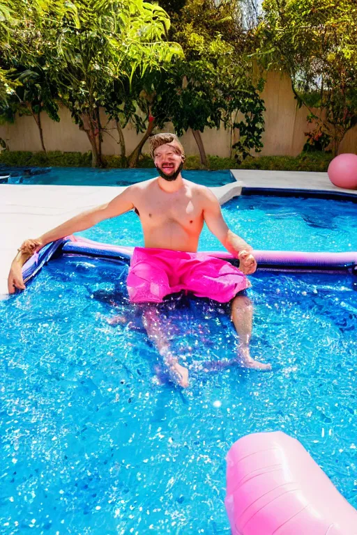 Prompt: man sitting in a pink kiddie pool, lawn flamingo, backyard, pool floaties