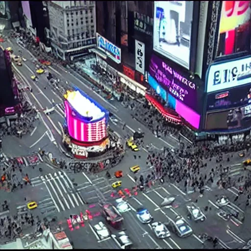 Image similar to cctv footage of times square, high angle security camera feed, blurry and glitchy,