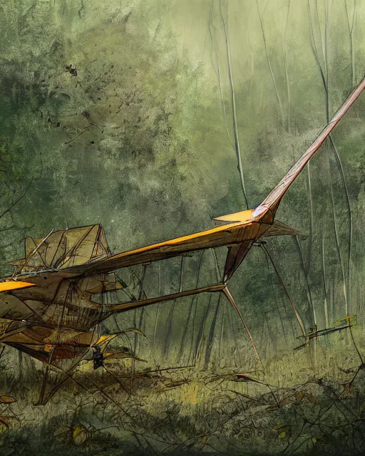 Image similar to ornithopter abandoned in a forest, illustration by wojciech siudmak, art station