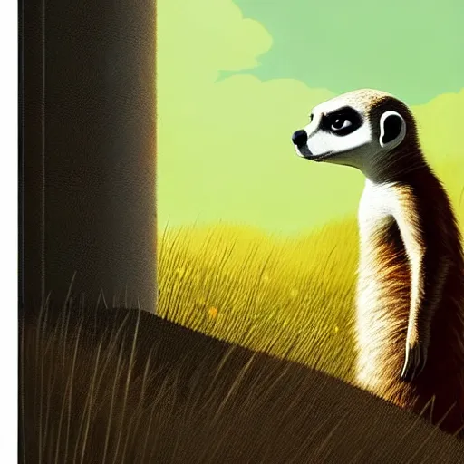 Image similar to goro fujita ilustration a meerkat in profile looking over the meadow, on a sunny day by goro fujita, painting by goro fujita, sharp focus, highly detailed, national geographic