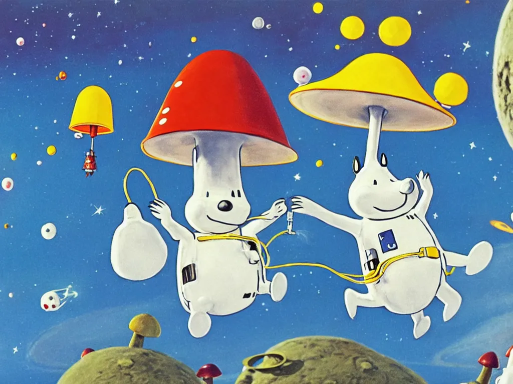 Prompt: moomins in space suits flying around with jetpacks discovering the mushroom planet, photorealistic painting, cgi, low light, movie still