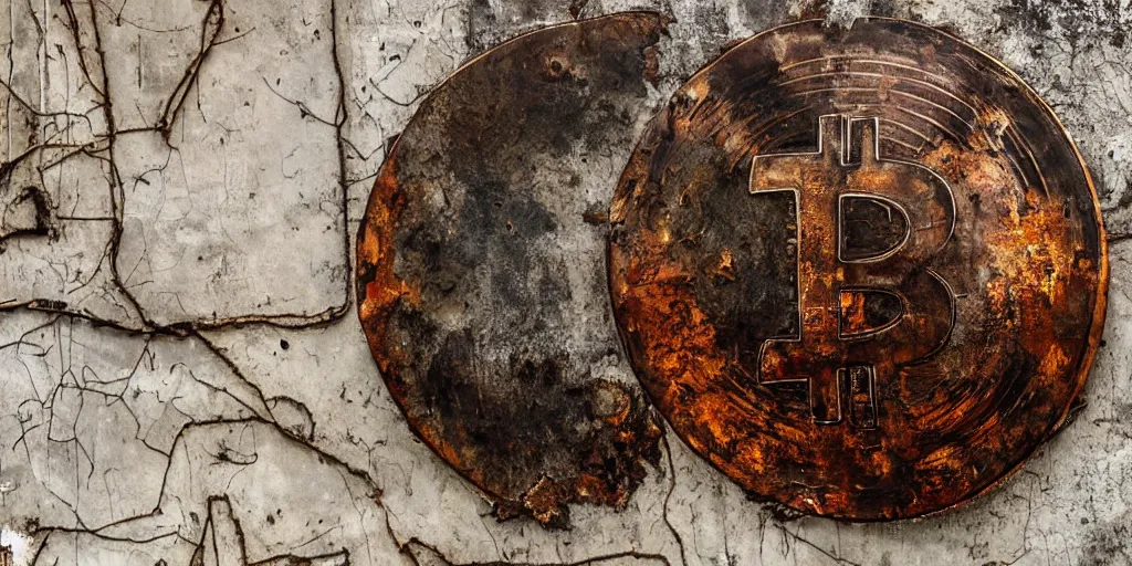 Image similar to giant rusted bitcoin being held by hundreds of the wretched of the earth, decadence decay and despair, dystopian art