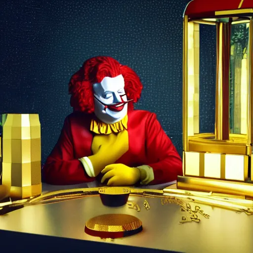 Image similar to a still of ronald mcdonald surrounded by gold and diamonds, award - winning, photograph, 3 d render, unreal engine, 4 k detailed