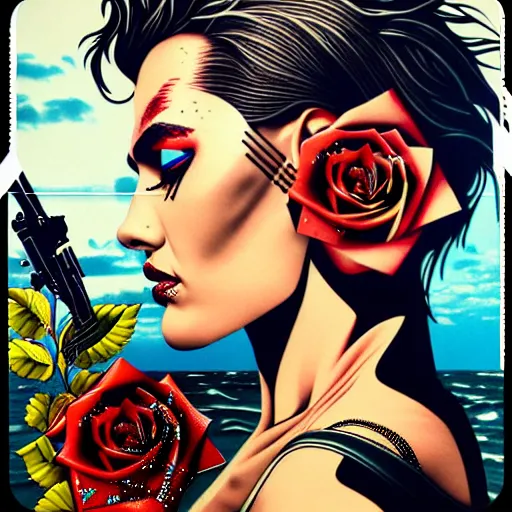 Image similar to portrait of britainwoman :: side profile :: in ocean :: roses and guns metal details :: gold :: blood and horror :: by marvel and Sandra Chevrier