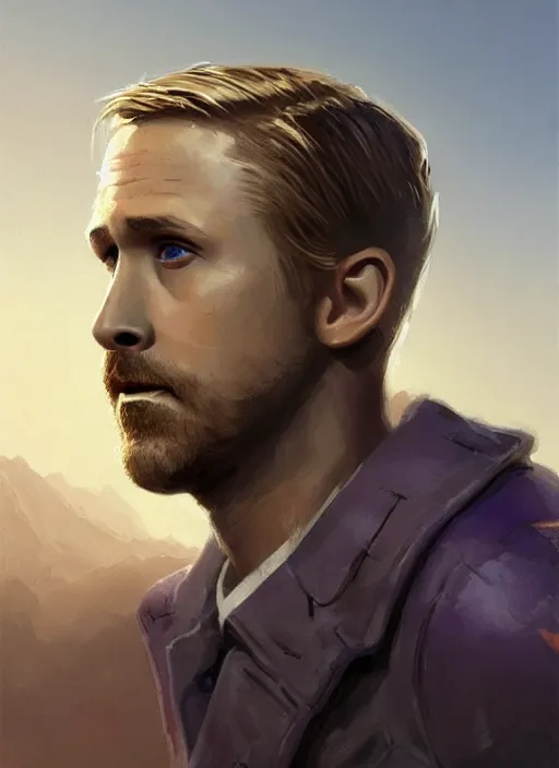 Image similar to purple scene lighting, detailed character portrait!!! concept art, older ryan gosling as a soldier with beard, short hair, in a soldier uniform, desert background, city skyline, sharp focus, illustration, highly detailed, digital painting, concept art, matte, art by wlop and artgerm and greg rutkowski, masterpiece