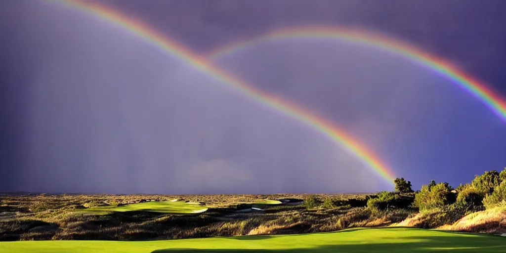 Image similar to a great photograph of the most amazing golf hole in the world, on top of the clouds, lightning storm and a rainbow, sunlight, ambient light, golf digest, top 1 0 0, fog