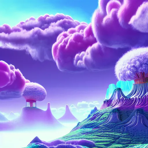 Image similar to a psychedelic realm with rolling plains made out of clouds, mountains made out of icebergs, and plant life made out of cotton candy, in the style of wlop and namek, illustration, epic, fantasy, hyper detailed, smooth, unreal engine, sharp focus, ray tracing