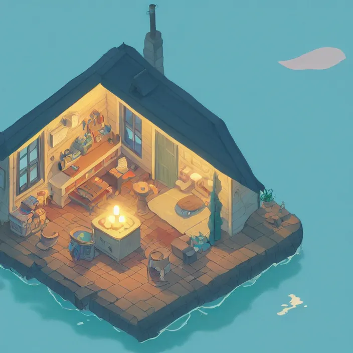 Image similar to isometric view of a cozy cottage in the middle of a lake, isometric design, cory loftis, james gilleard, atey ghailan, makoto shinkai, goro fujita, studio ghibli, exquisite lighting, clear focus, very coherent, soft painting