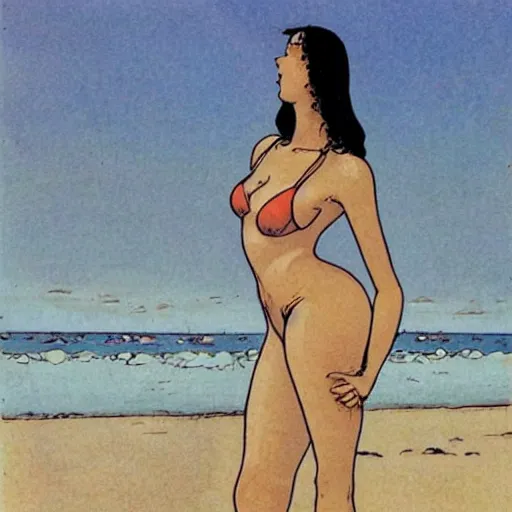 Image similar to a woman at the beach, milo manara style