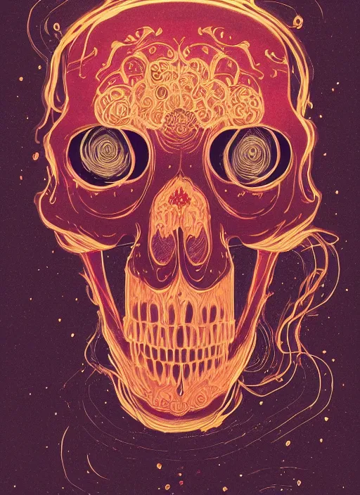 Prompt: beautiful illustration of a skull mask with glowing smoke coming out of the eyes, in the style victo ngai and sam guay and abigail larson and moebius, vibrant moody colors, trending on artstation