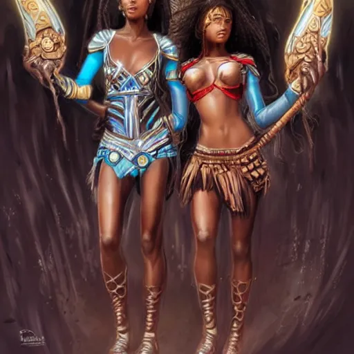 Image similar to beautiful Zulu goddesses holding hands, focused, worried, highly detailed, artstation, concept art, sharp, illustration, art by artgerm and Ross Tran