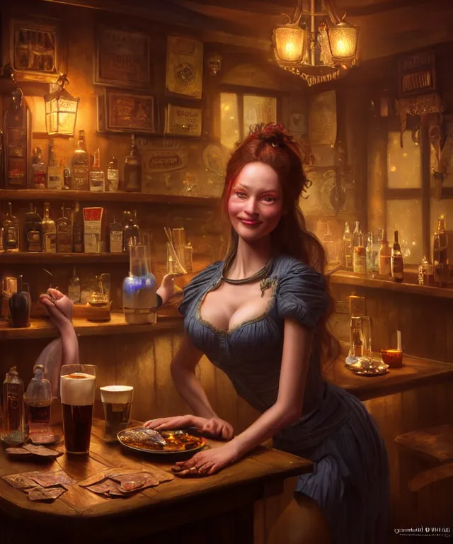 Prompt: hyperrealistic mixed media painting of a beautiful smiling charismatic barmaiden, dimly lit cozy tavern, confident relaxed pose, d&d, stunning 3d render inspired art by Gerlad Brom and Anna Dittmann + perfect facial symmetry + dim volumetric lighting, 8k octane beautifully detailed render, post-processing, extremely hyperdetailed, intricate, epic composition, grim yet sparkling atmosphere, cinematic lighting + masterpiece, trending on artstation, very very detailed, masterpiece, stunning