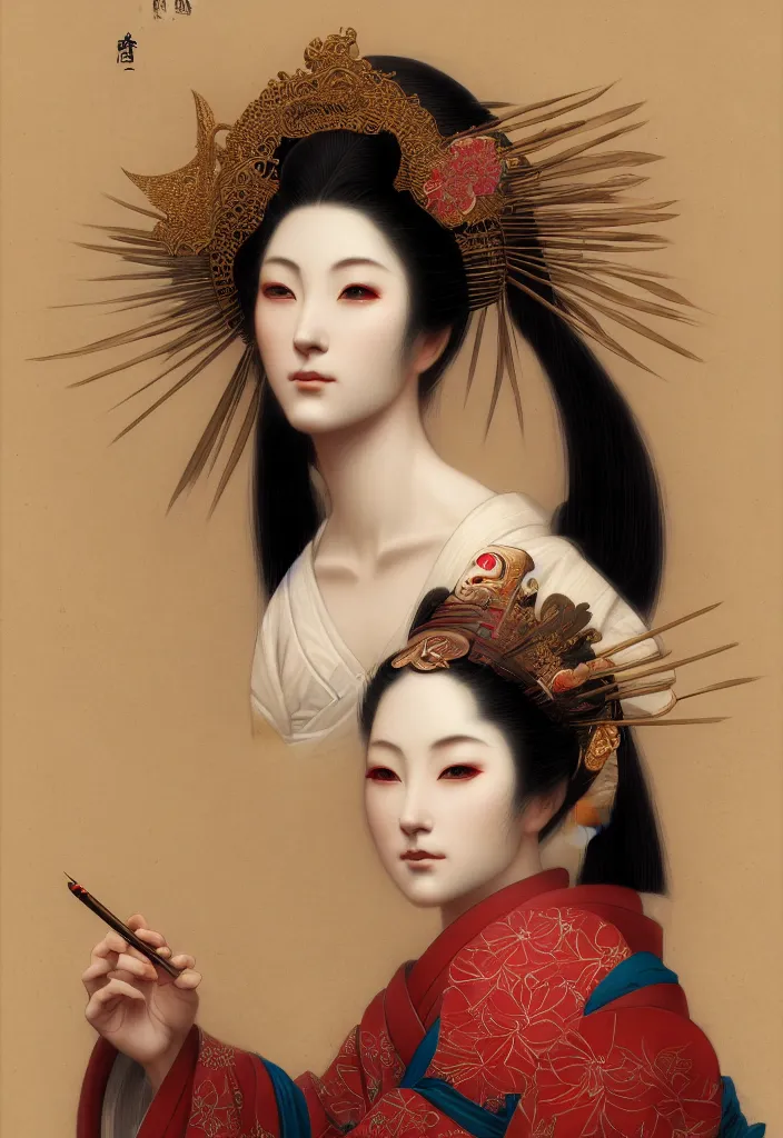 Image similar to Full body portrait, artistic, gorgeous japanese geisha wearing headdress, make-up, intricate, elegant, highly detailed, artstation, concept art, smooth, sharp focus, illustration, art by and greg rutkowski and orientalism and bouguereau