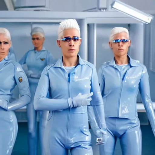 Prompt: troop of identical athletic women with white hair wearing tight light blue latex suits, in formation, futuristic chemistry lab, sci - fi, highly detailed, hyperrealistic