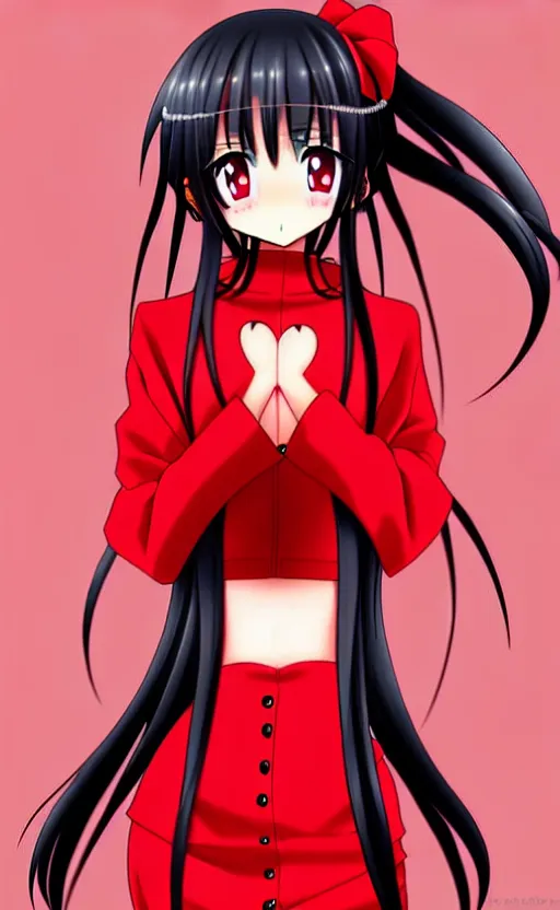 Prompt: anime girl with a detailed face and black hair in a red outfit, full body, trending, illustration