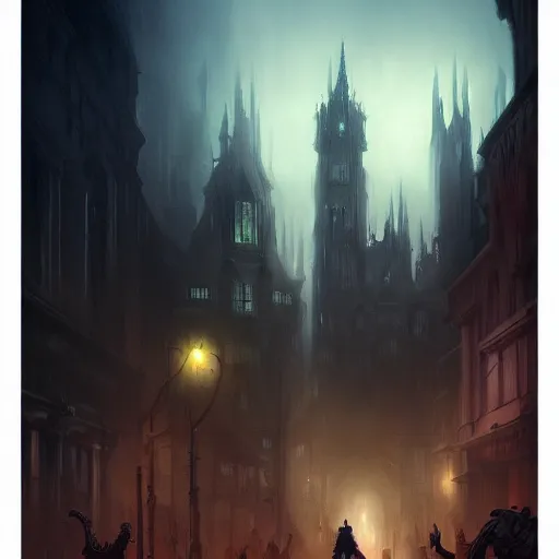 Image similar to fantasty dark vampire cityscape, painting, lights in the dark, lanterns, fog, people in the streets, sharp roofs, smoke, dark fantasy, magic the gathering, fantastic artwork, 4 k, trending on artstation, by greg rutkovski, high fantasy, barren landscape